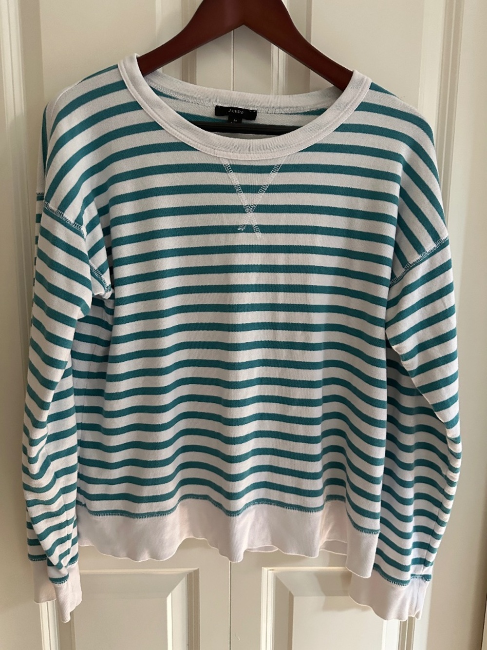 J. Crew Women's Nautical Long Sleeve T-Shirt M Preppy Coastal Striped Teal White